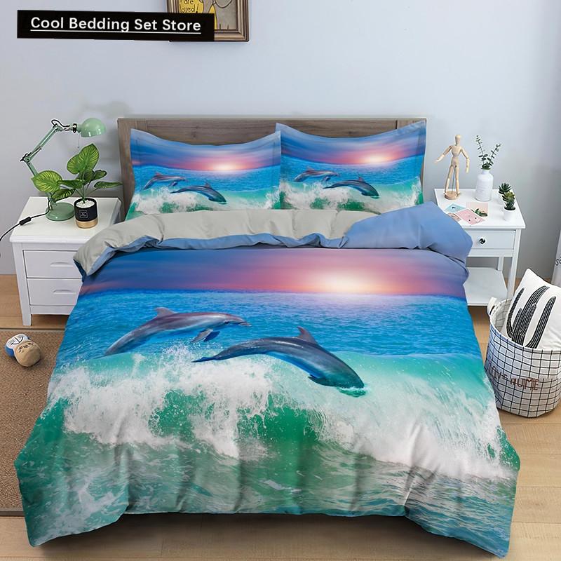 Ocean Dolphin Duvet Cover King Queen Size Cute Dolphin Jumping In The Blue Sea Bedding Set Children 3D Animal Sunset Quilt Cover