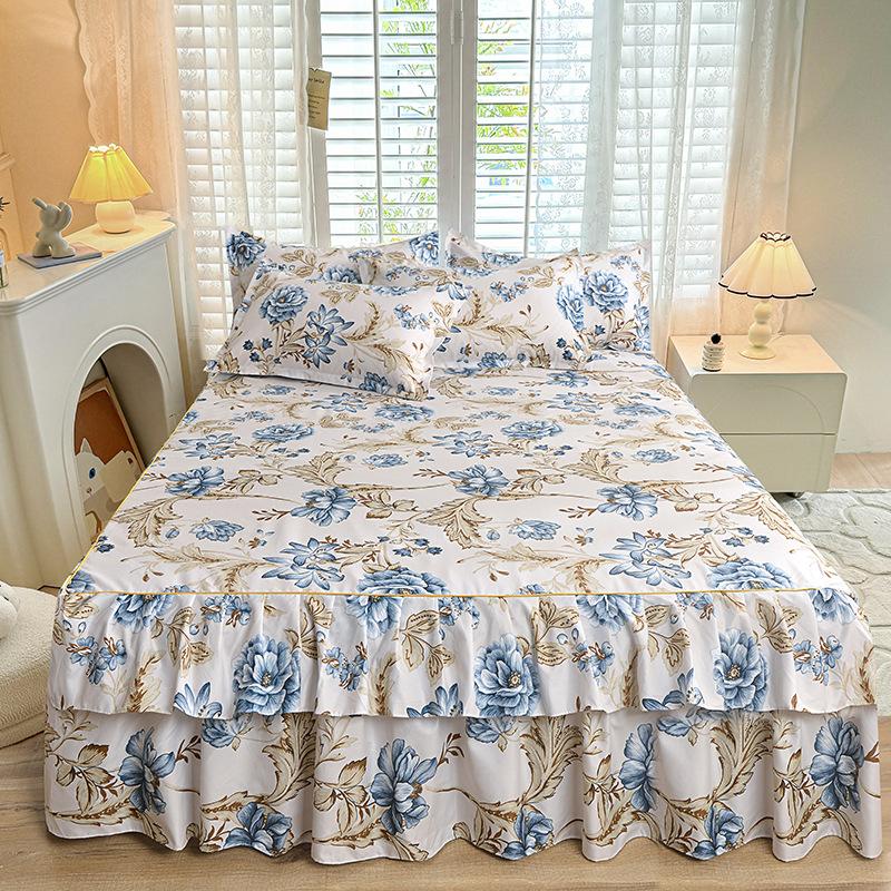 3pcs Modern Korean Floral Bed Skirt Set with Lotus Leaf Embellishments and Princess Floral Pattern, All-Season Brushed Light Beige-Friendly Bedding