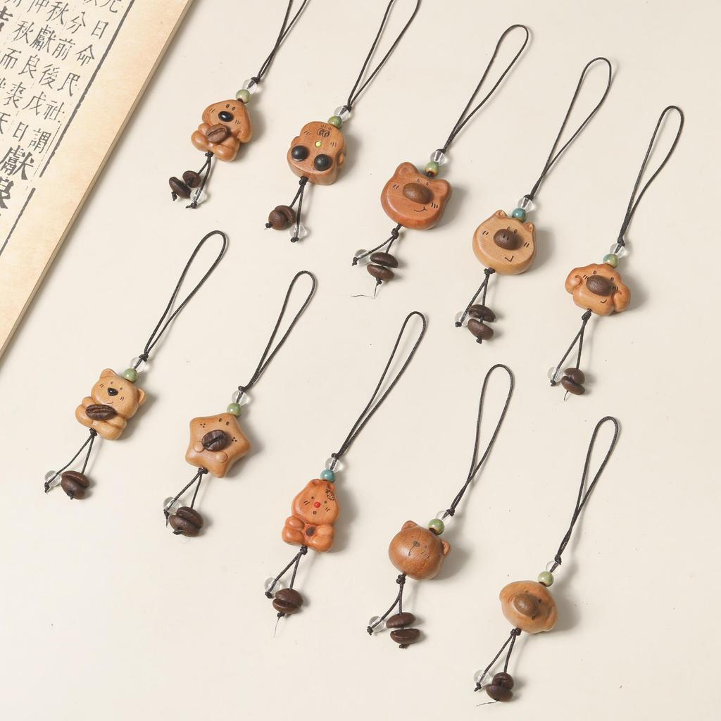 Peach Wood Coffee Bean Bear Pendant Keychain & Necklace Accessory