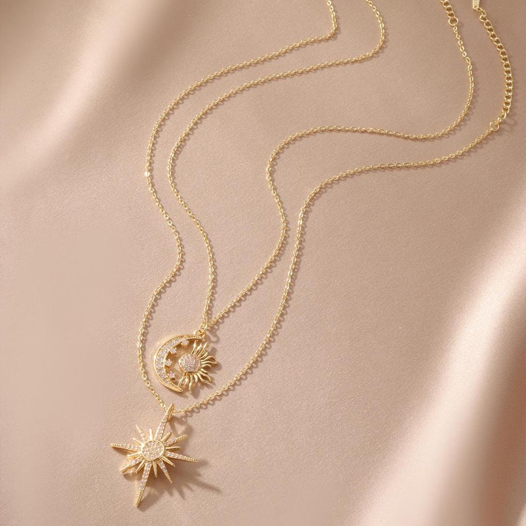 Women's Trendy 2-Piece Gold Sun and Moon Pendant Necklace Set