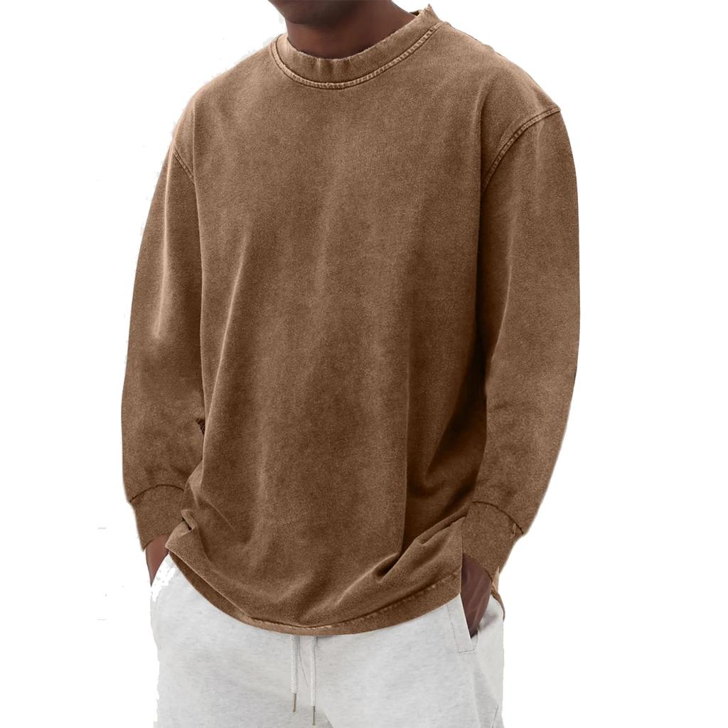 Pánské a dámské ležérní vysoce gramážové prané distressed bavlněné tričko s dlouhým rukávem, pánské spadlé rameno, retro volné kulatý výstřih