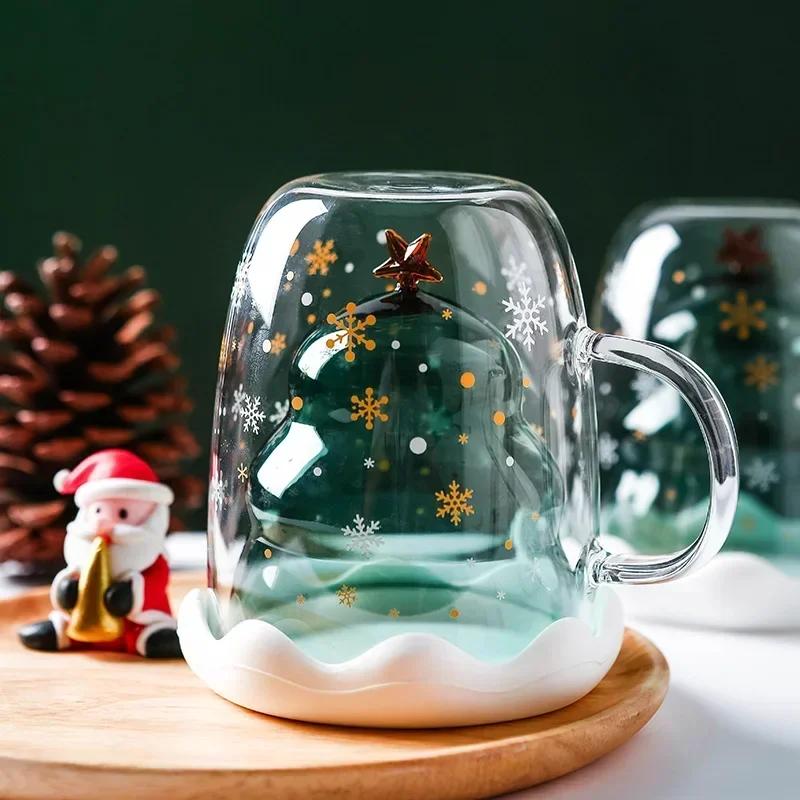 Double Layer Glass Cup Creative Christmas Coffee Milk Mug Anti-Scalding Christmas Star Cups Juice Coffee Mug Party Xmas Gifts