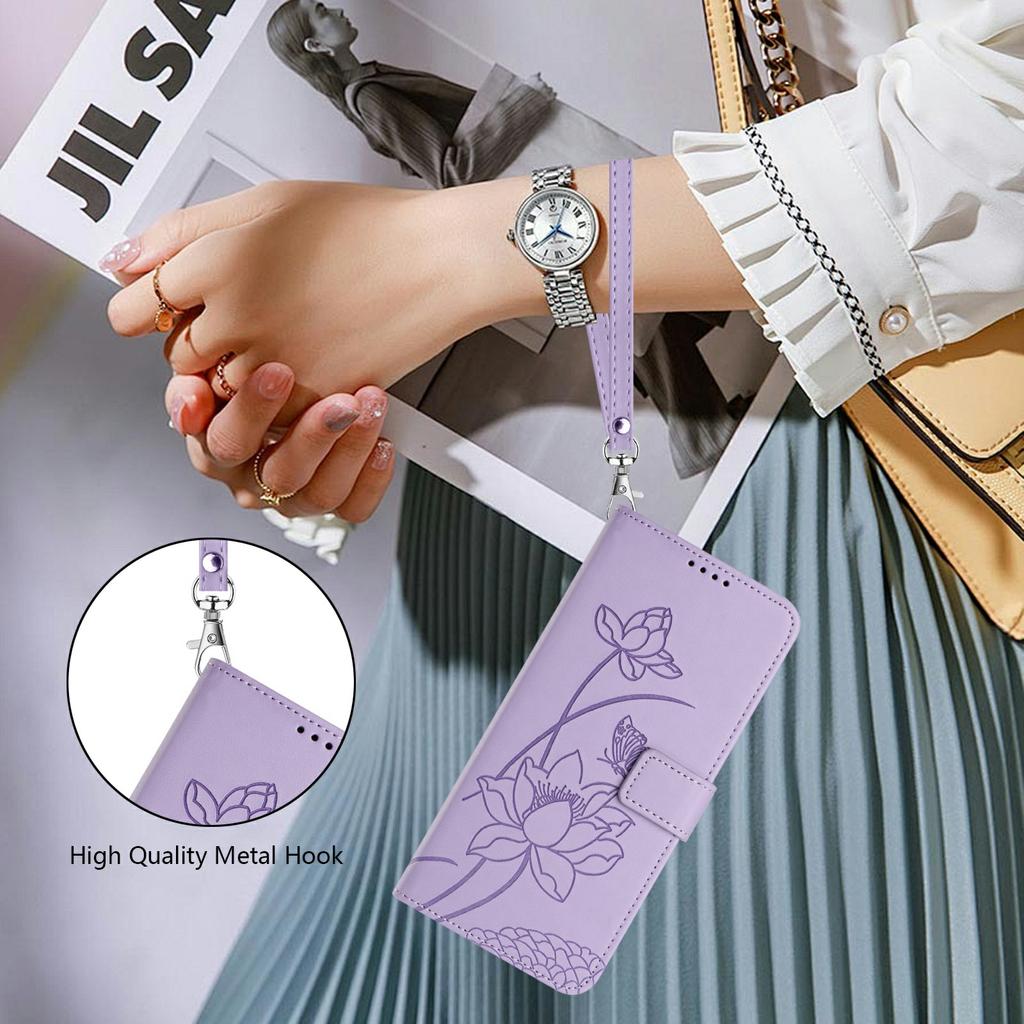 For Samsung Galaxy S26 Ultra Case Wallet Stand Lotus Imprint Leather Phone Cover with Wrist Strap