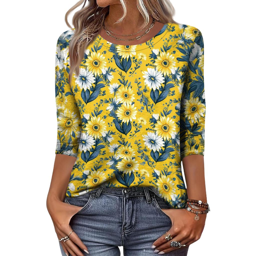 Moda damska Casual Okrągły dekolt Rękaw 3/4 Luźny T-Shirt z nadrukiem Damski top