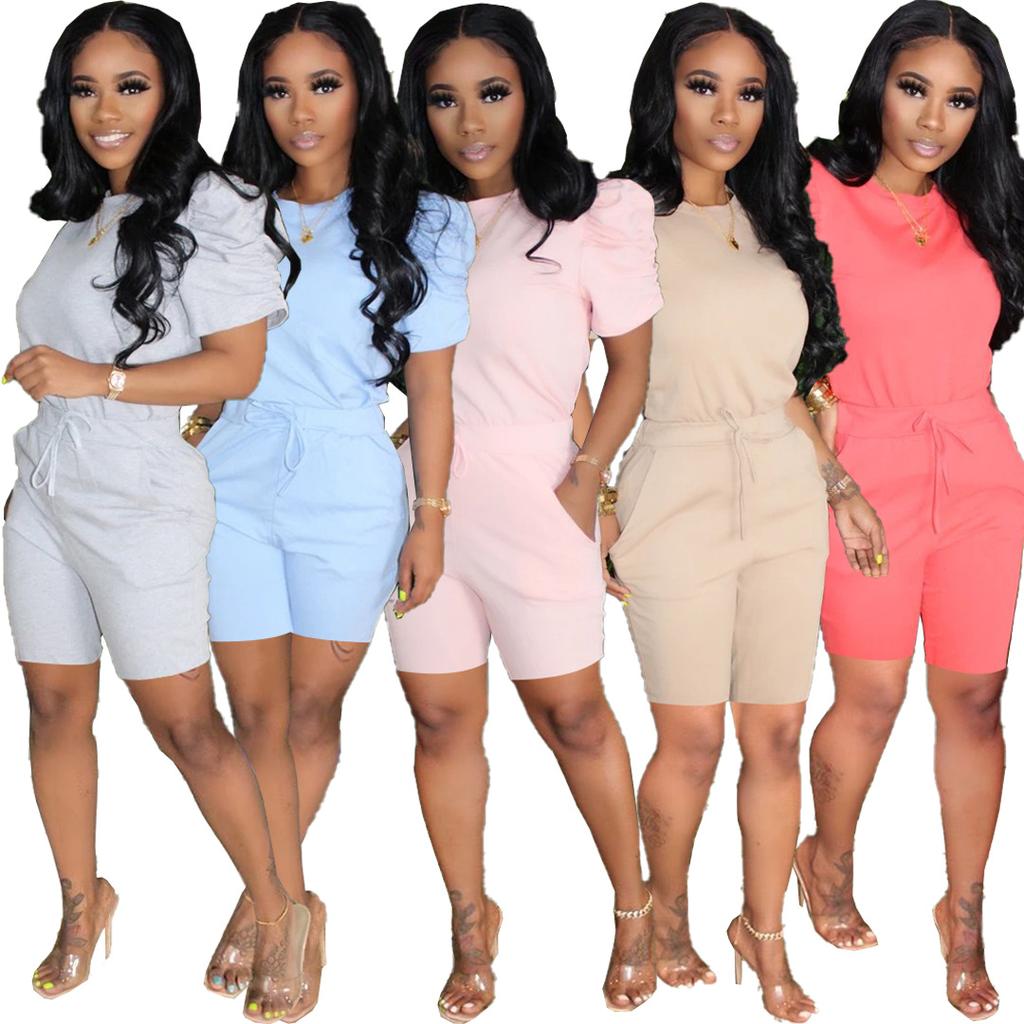 Zweiteilige Sets Damen-Outfits 2023 Sommermode Puffärmel-Rundhalsausschnitt-Top und lässiges Kordelzug-Taschen-Design-Tagesshorts-Set