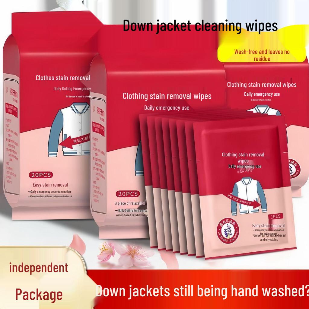 Clothing Stain Remover Wipes - No Wash, No Brush, Quick Surface Cleaner for Down Jackets.