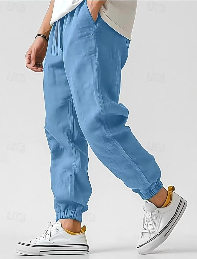 Men's linen pants summer breathable leggings beach straight pants solid color blended linen pants bundle legs
