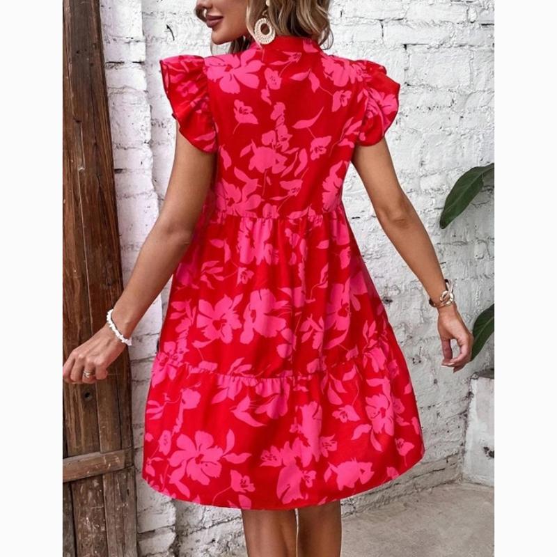 Spring Summer Ruffled Sleeve V-Neck Sexy Dress Women Loose Waist Printed Floral Short Dress Woman Fashion Vintage Elegant Casual Dresses 24515