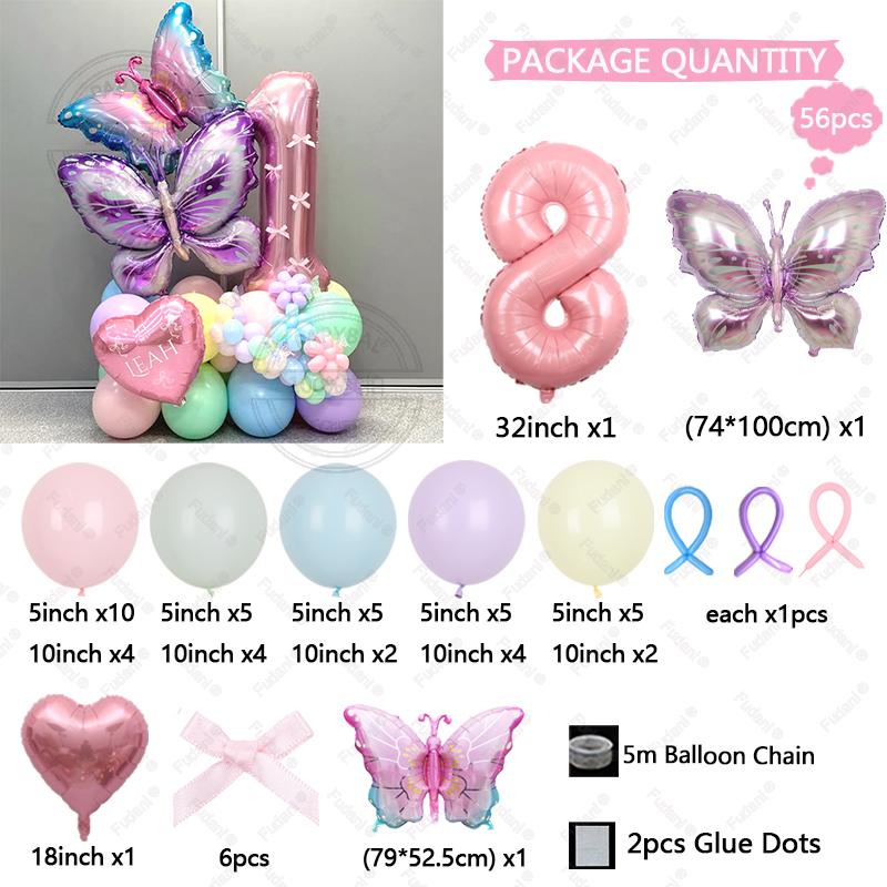 56pcs/set Butterfly Number Balloon Set Pink Numbers 1-9 Purple Butterflies for Valentine's Day Anniversary Birthday Party Decors