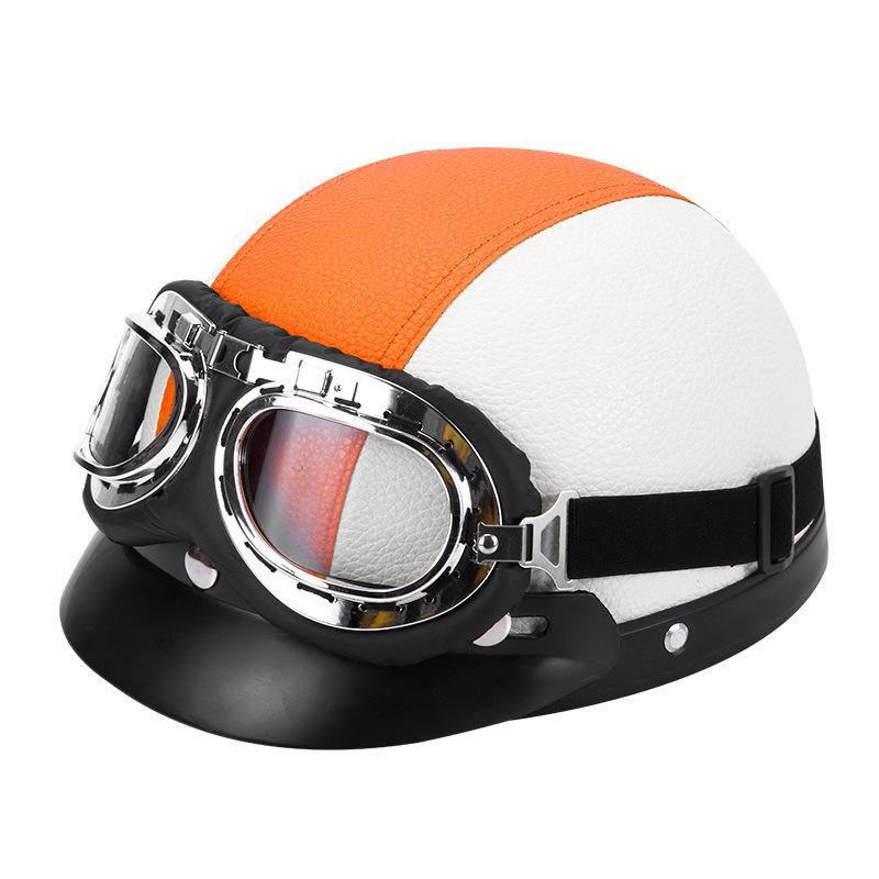 

Электромобиль зимний ретро шлем женский легкий четырехсезонный кожаный шлем мотоциклетный аккумуляторный автомобиль каска теплая полушлем мужской One size