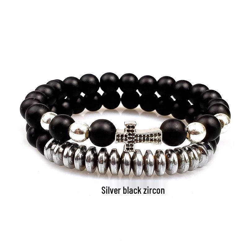 Natural Stone Bracelet Set with Zirconia Cross and Elastic Cord