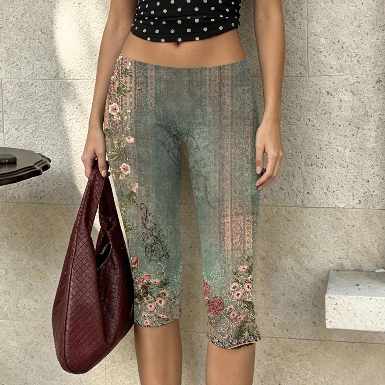 

Women s Floral Print Casual Capri Pants Milk Silk Fabric Stretchy Waistband Lightweight Breathable Soft Material Activewear Bottoms XXXL зелёный