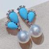 Exquisite Circular Imitation Pearl Earrings Women Trendy Silver Color Water Droplet Inlaid Zircon Blue Stone Dangle Earrings