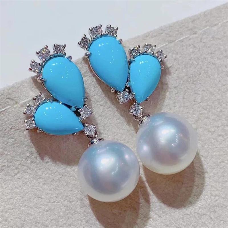 Exquisite Circular Imitation Pearl Earrings Women Trendy Silver Color Water Droplet Inlaid Zircon Blue Stone Dangle Earrings