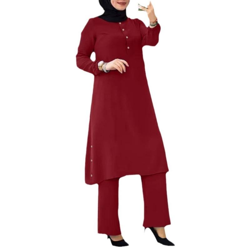 New Muslim Women's Clothing Round Neck Placket Bubble Sleeve Shirt Side Seam Decorative Wooden Buckle Fashion Casual Suit