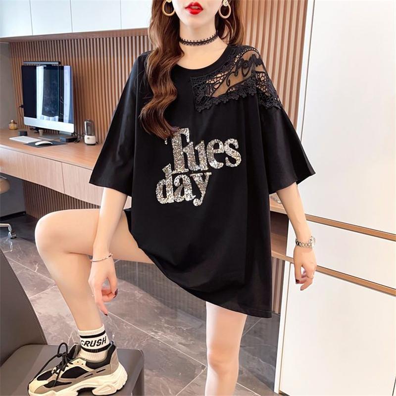 Women Korean Fashion Sexy Lace Patchwork Sequin Oversize T Shirt Summer Black White Short Sleeve Streetwear Tunic Tops Ropa