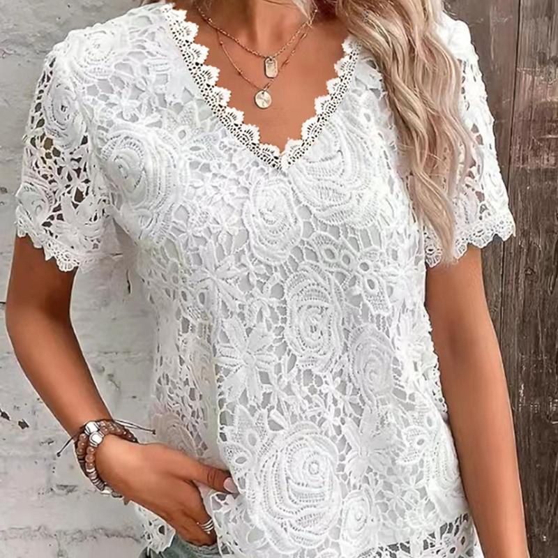 Lace Tee Shirt for Women Vintage Top Solid Color Short Sleeve V Neck Streetwear Ladies Casual Spring Summer Basic Tops