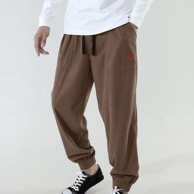 Yousheng Men Spring Fall Pants with Side Pockets Drawstring Elastic Waist Straight Leg Thick Corduroy Solid Color Loose Sport Trousers