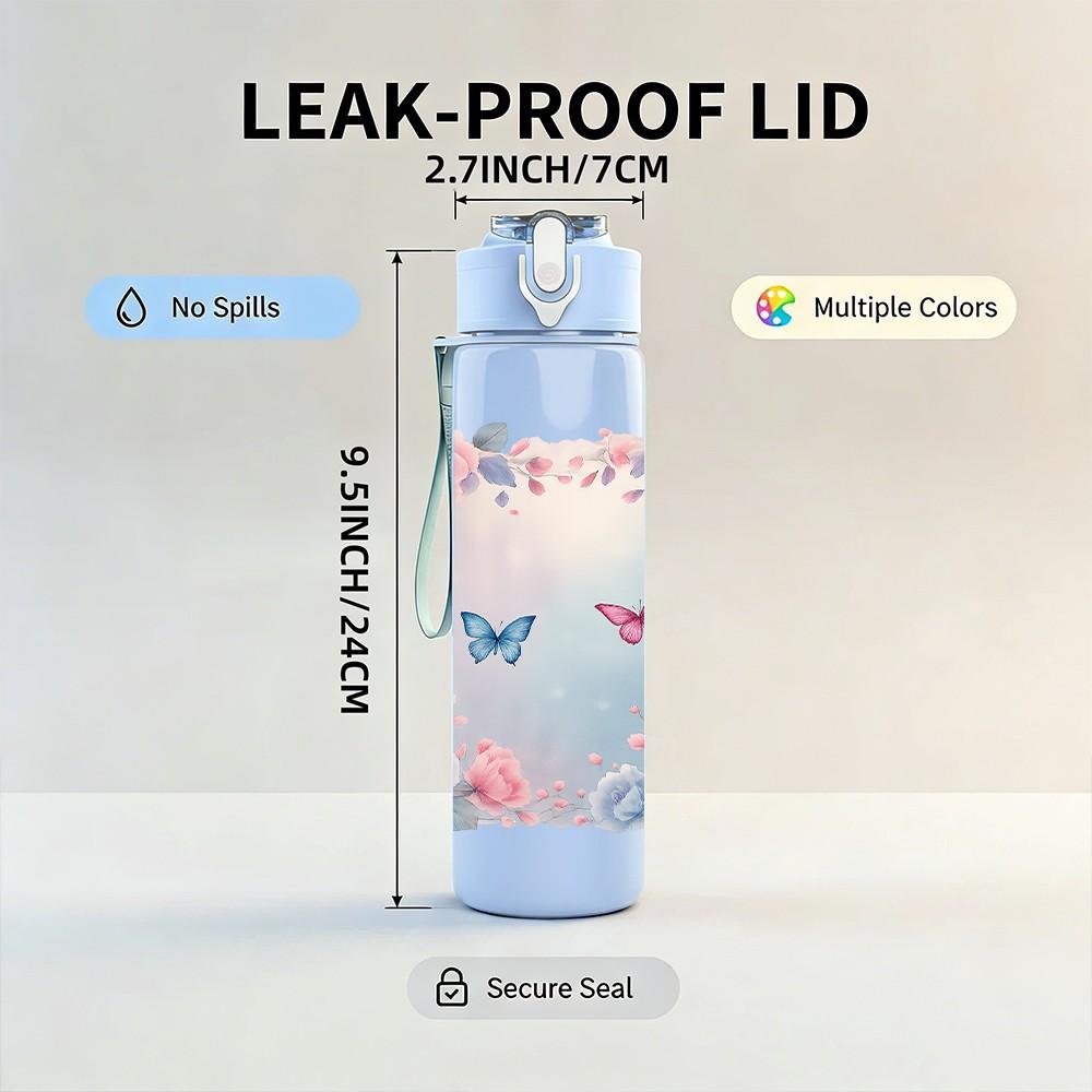 1PC Pink Butterfly Flower Frame Art 750ml Color Plastic Sports Water Bottle Leakproof Flip Straw Lid For Sports Office Home Use