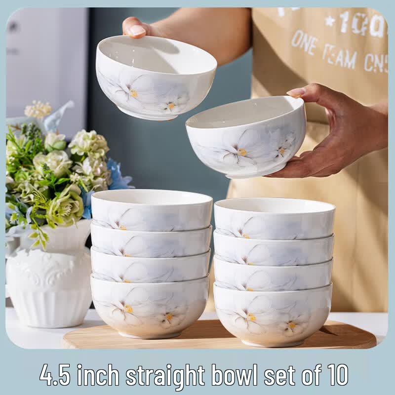 OIMG White Orchid Ceramic Rice Bowls (Set of 10)