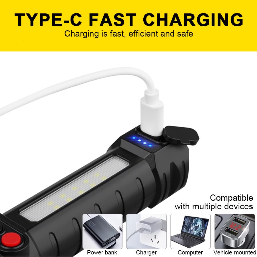 Multifunctional LED Flashlight USB Rechargeable Tactical Zoom Flashlight COB Floodlight Emergency Torch Three-color Signal Light