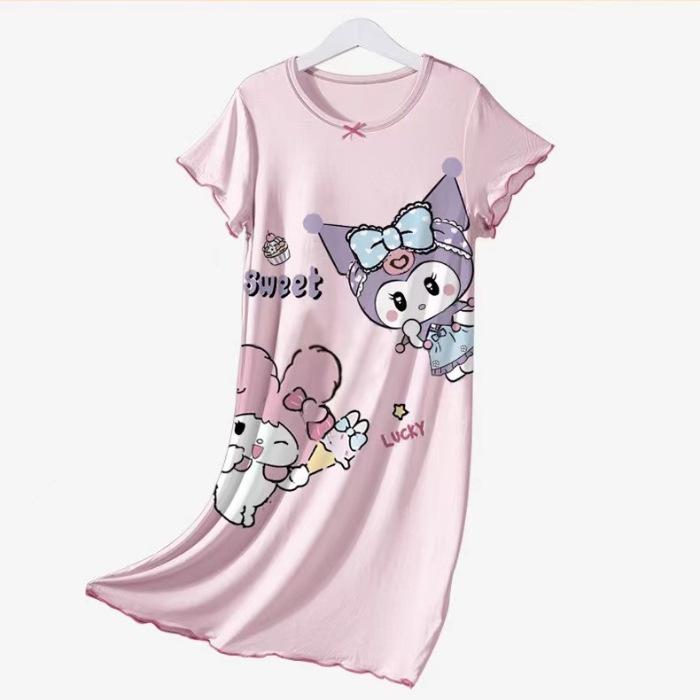 Girls Summer Ice Silk Short Sleeve Pajama Dress Lightweight Cute Cartoon Sleepwear 90