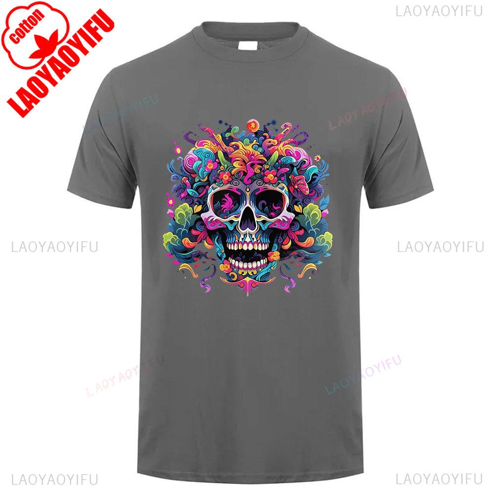 Mexican Skull Pattern Cotton Summer Tee Unisex Short Sleeve Round Neck Retro Style Graphic Shortsleeved Launched Casual Tshirt