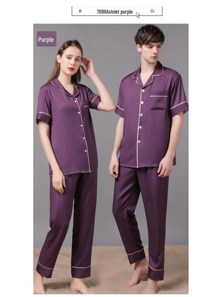 2022 Summer Ice Silk Couple Pajamas Set - Short Sleeve & Long Pants for Men & Women