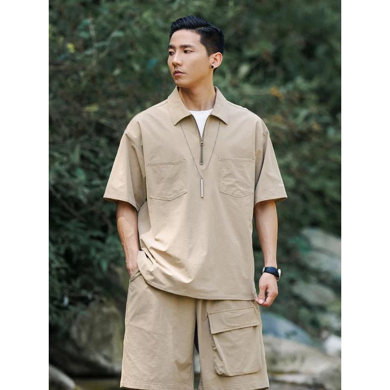

Men s Khaki Half Zip Polo Shirt and Cargo Shorts 2-Piece Set Casual Outdoor L хакі