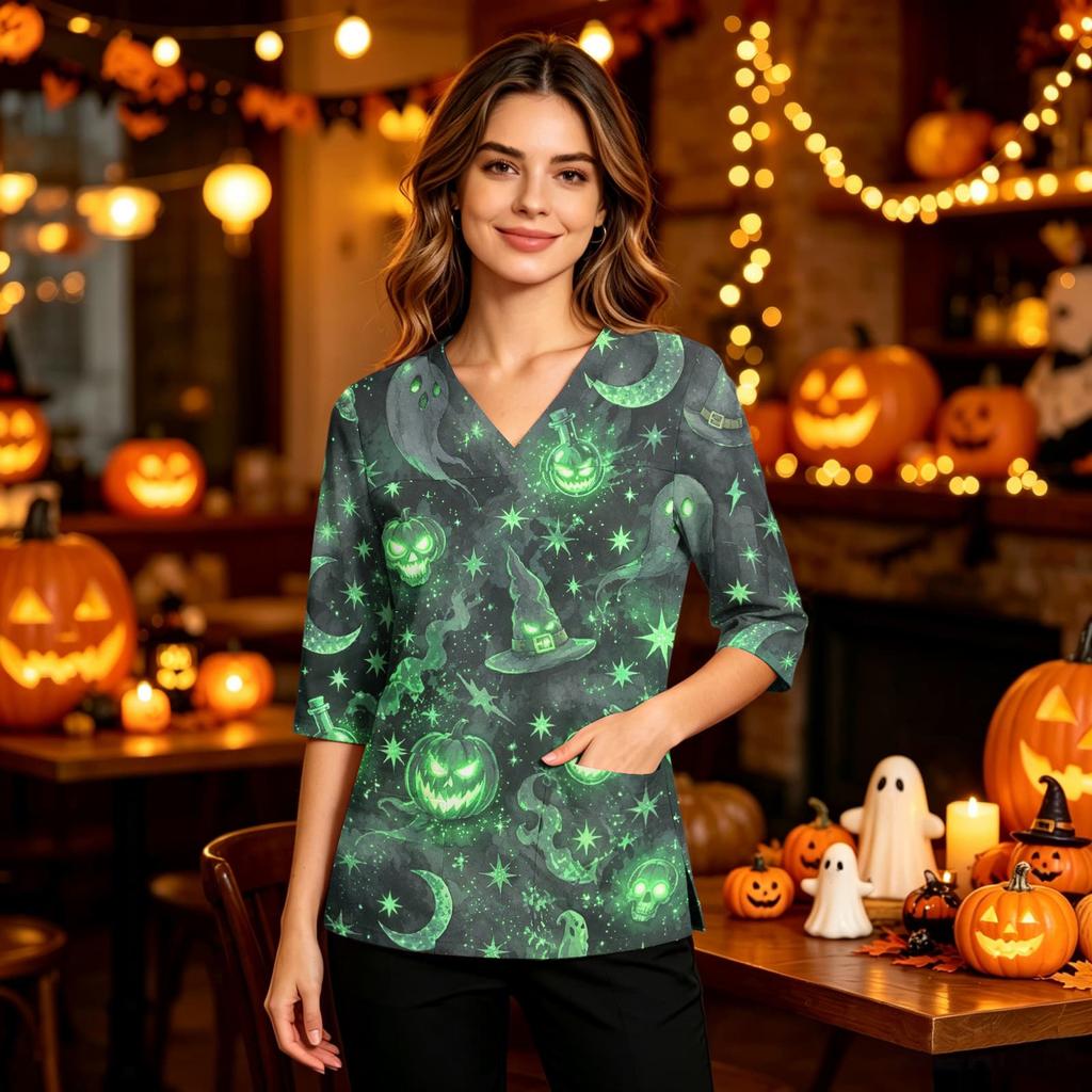 Women's Halloween Costume V-Neck with Pocket Side Slit 3/4 Sleeve Top