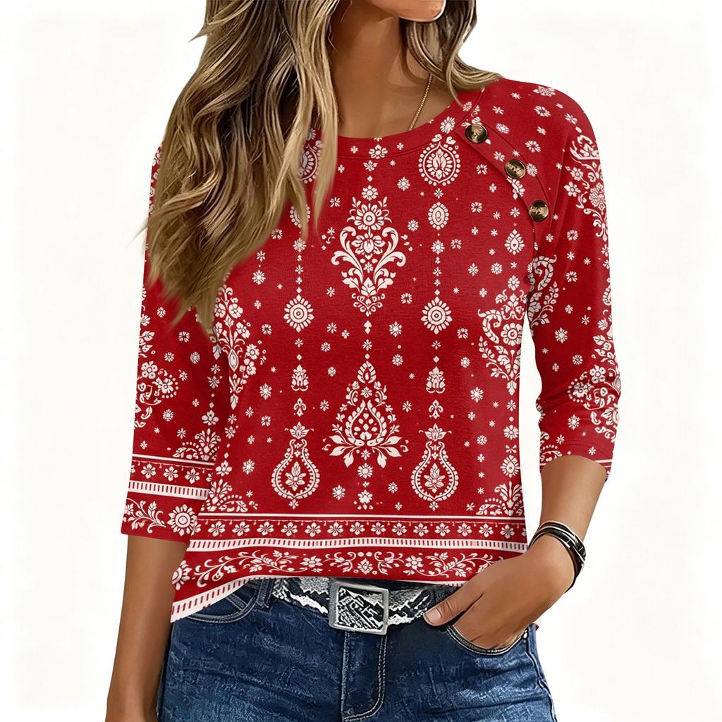 Womens 34 Sleeve Crew Neck Button T Shirt Geometric Pattern Pullover Casual Loose Fit Top for Daily Wear