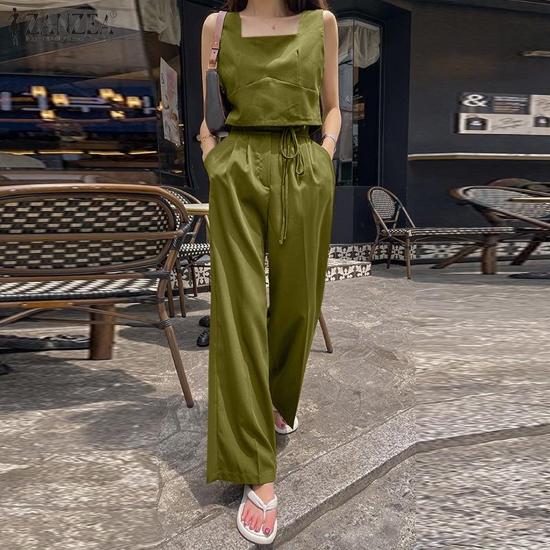 

ZANZEA костюмы из двух предметов, женская блузка без рукавов, майки и длинные брюки, широкие брюки, повседневные комплекты