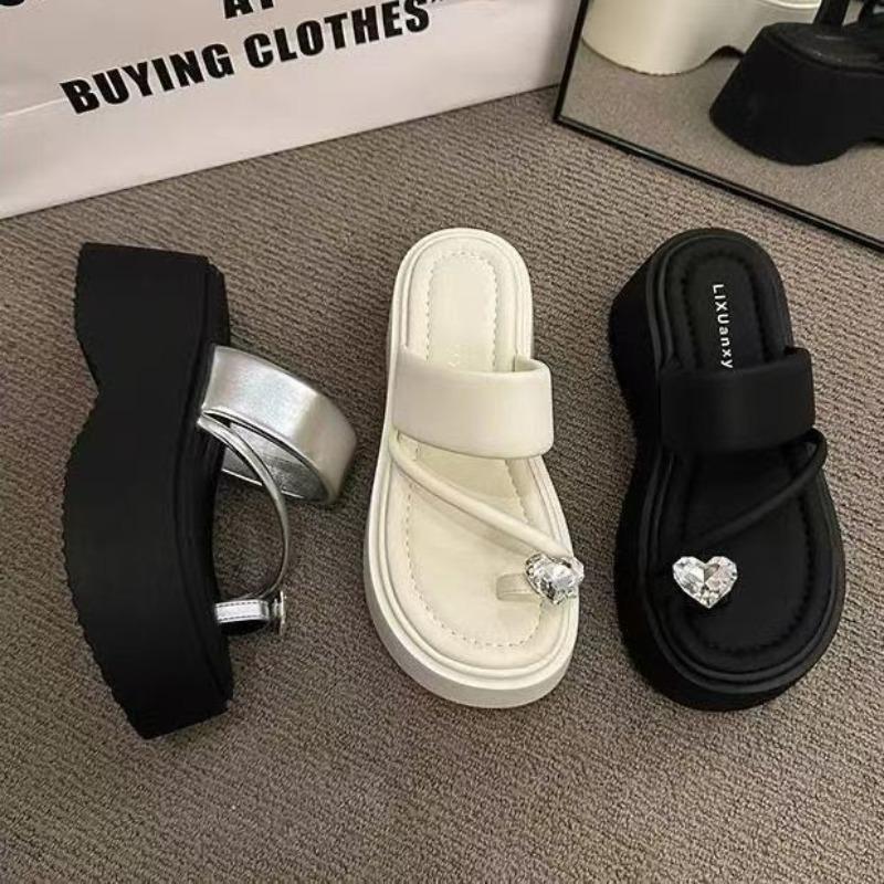 2025 New Elevated Round Toe Thick Heel Solid Color Summer Slipper Fashionable Open Toe Trendy Slip-On Shoe Small Fragrance Style