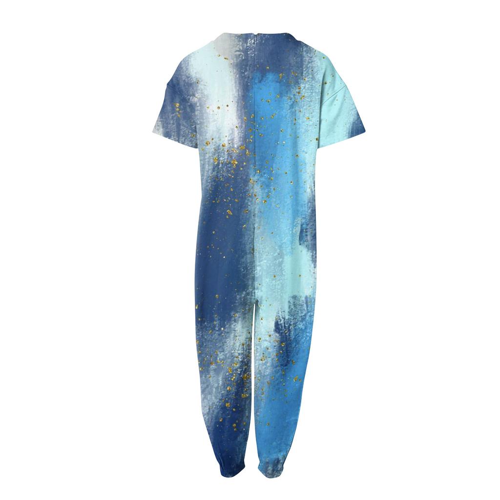 Damen-Overall in Übergröße, lockerer, lässiger Kurzarm-Jumpsuit mit V-Ausschnitt und bedruckten Taschen