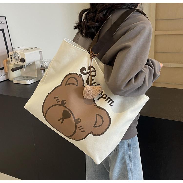 Women's Large Casual Canvas Tote - Summer Cartoon Bear Design for College & Commute