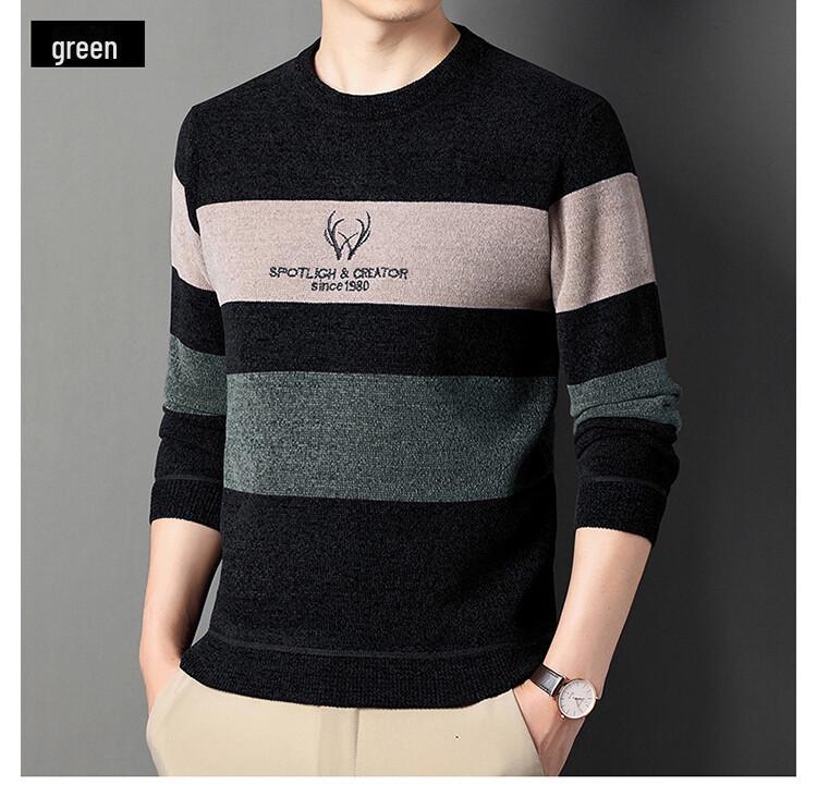 

Полосатый свитер из бархата и синели 2024 года для мужчин среднего возраста — теплый и повседневный свободный крой 3XL зелёный