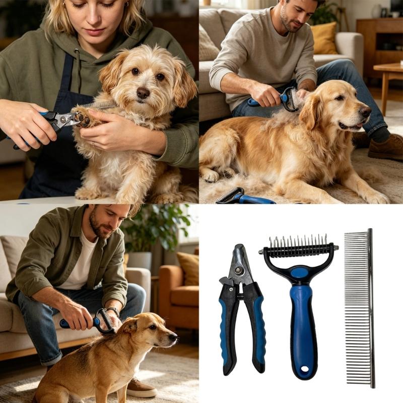 Household Coat Grooming Set for Dog, 3 Piece Nail Trimmer, Metal Finishing Comb and Detangling Comb for Weekly Brushing and Coat Smoothing