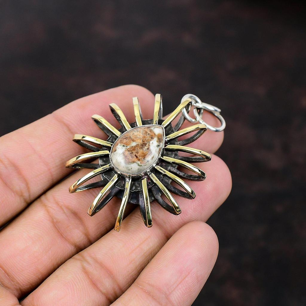 Spessartine Garnet In Limestone Pendant Gemstone Jewelry 925 Sterling Silver Pendant 18K Gold Plated Pendant Handmade Cage Pendant For Gifts