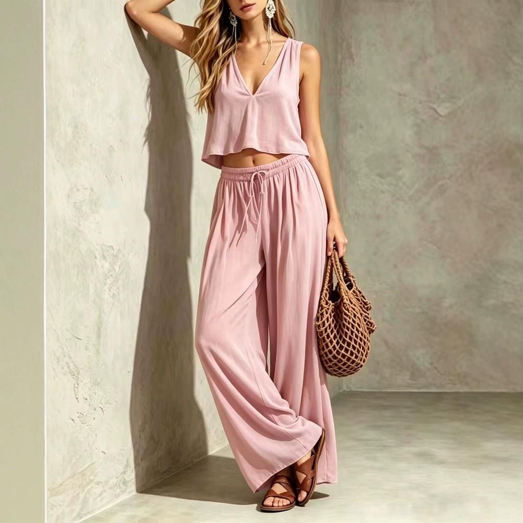 Spot European and American Fashion New Solid Color V-neck Sleeveless Top and Trousers Two Women's Clothing