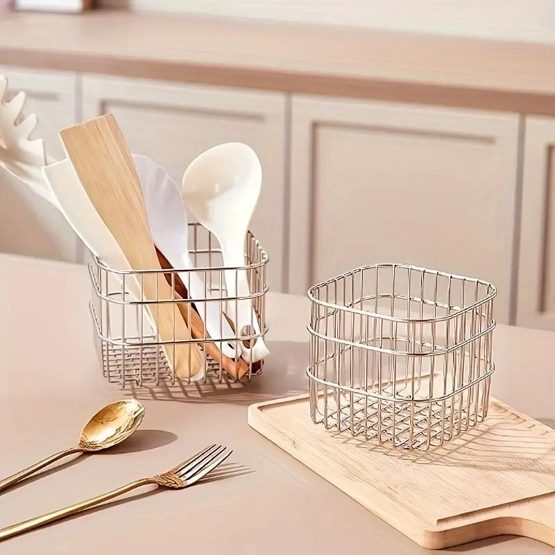 Quadratischer Aufbewahrungskorb für den Schreibtisch Edelstahl Abtropfender Obst- und Gemüseaufbewahrungseimer für die Küche Metall Schreibtisch-Organizer Regal