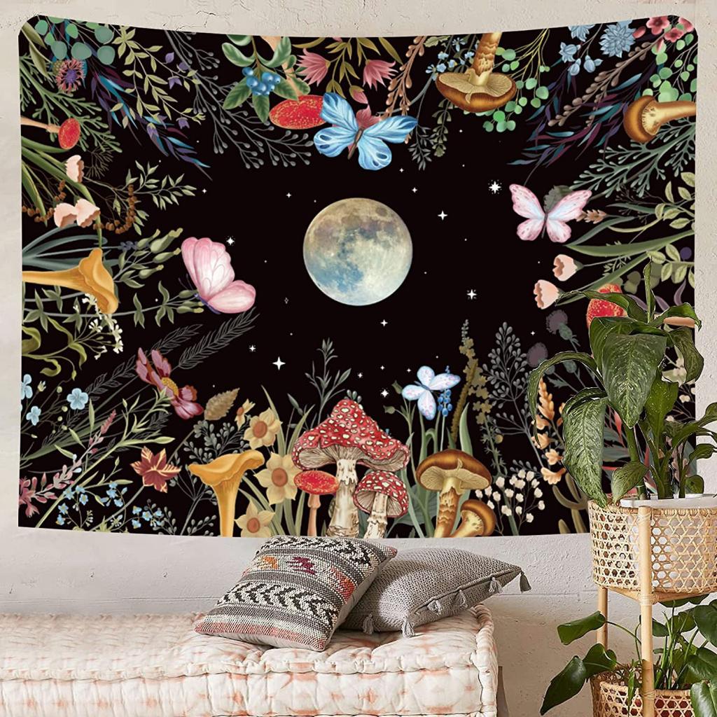 VIKAMA Vintage Floral Moon Phase Tapestry Bohemian Flower Star Moon Wall Blanket for Bedroom Living Room Dormitory Decor