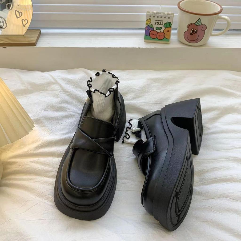New High Platform Loafers Women Black Heeled Slip On Shoes Woman Faux Leather Heels Female Driving Loafers Chunk Block Heel Shoe
