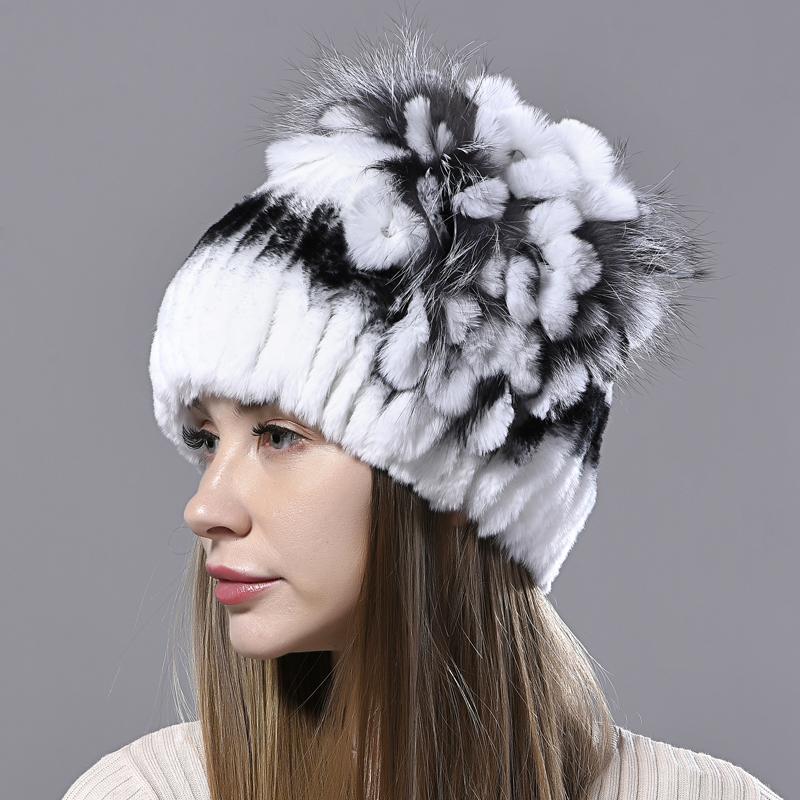 New Luxury Women Fur Hat For Winter Handmade Natural Rex Rabbit Fox Fur Cap Fluffy Female Fur Headgear Brand Warm Beanies Cap