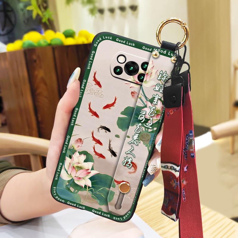 Lanyard Protective Phone Case For Xiaomi Poco X3 NFC/X3 Pro Wristband Back Cover Chinese Style Silicone Phone Holder