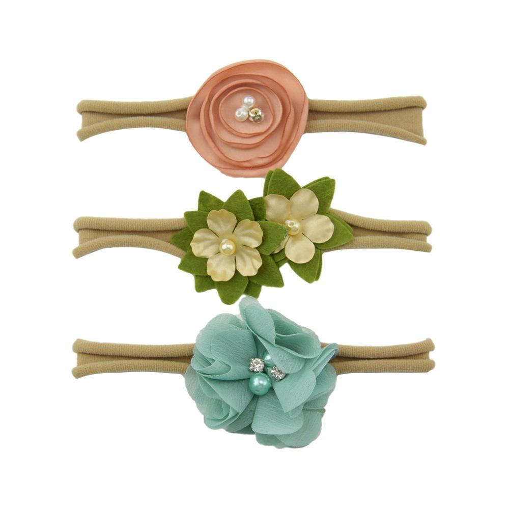 Children'S Nylon Headband Three-Piece Elastic Soft Headband Green Flower Headgear Versatile Head Flower Set
