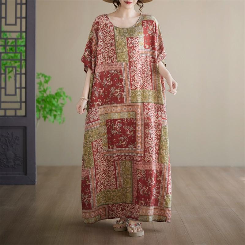 Abito estivo lungo maxi casual ampio da donna taglie forti manica corta cotone floreale vintage nuovo