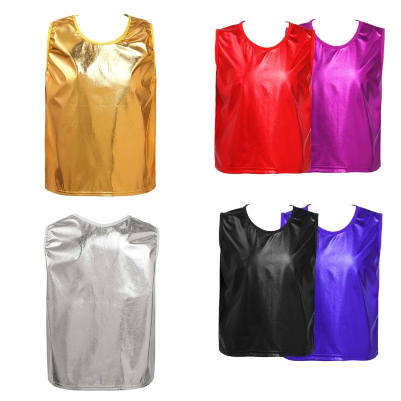 Unisex Kids Shiny Metallic Bronzing Cloth Solid Color Sleeveless Round Neck Vest Party Performance Top