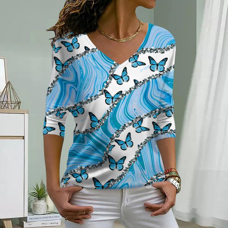 Rose Print Women Tshirts Ladies Tops Long Sleeve V-neck Pullover Femme T-shirts T Shirt For Women