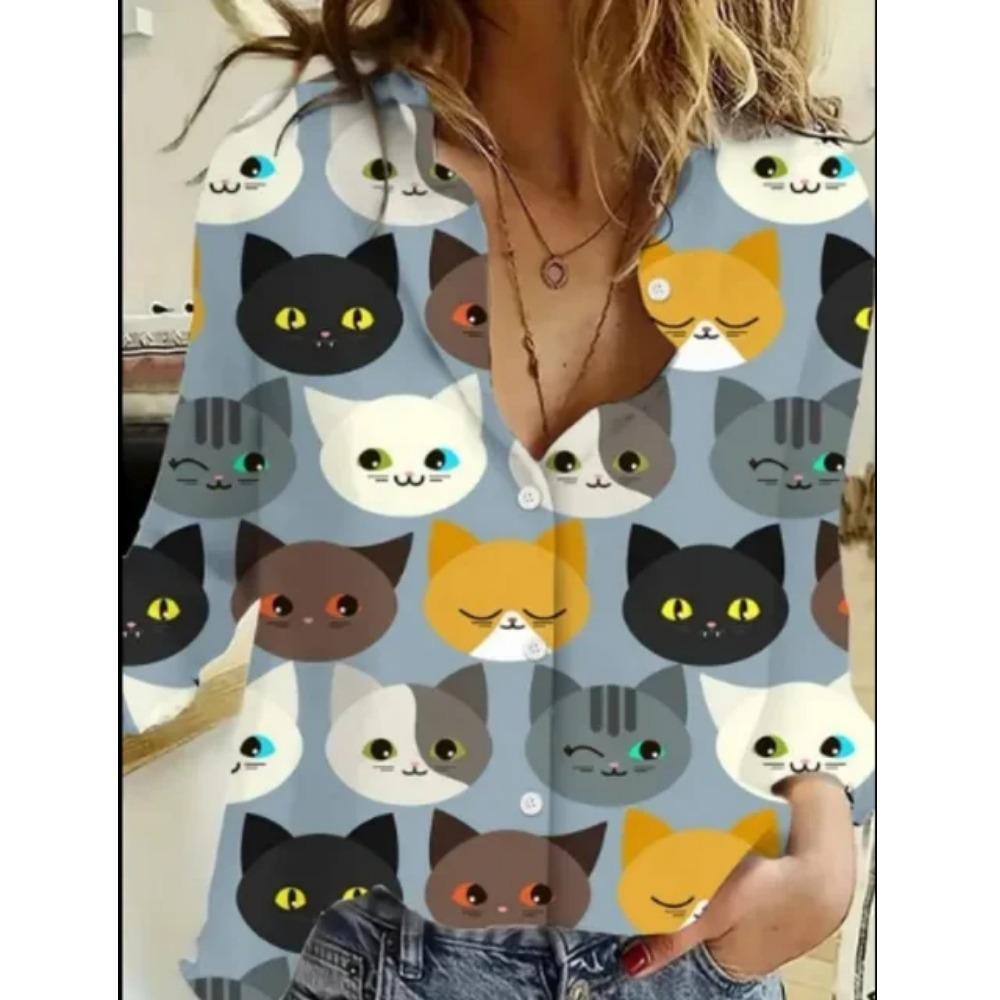 Autumn Women Clothing Cute Animal Prints Shirt Tops Cartoon Cat Pattern Personalized Street Long Sleeve Fashion Women's Blouses