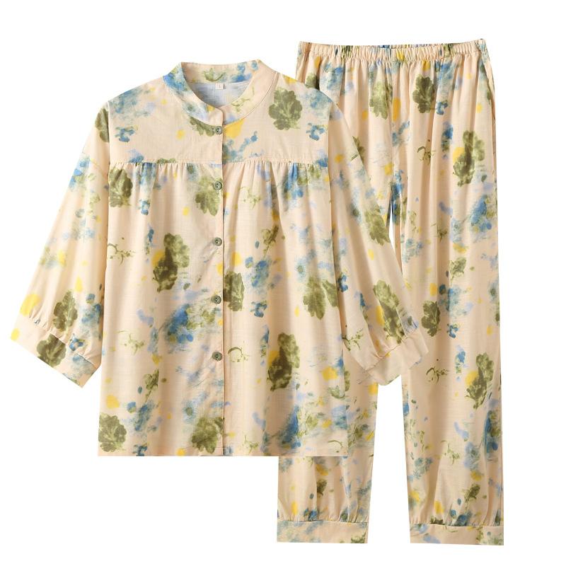 Medium mother pajamas women's summer thin national style stand-up collar floral seven-quarter sleeves loose large size loungewear
